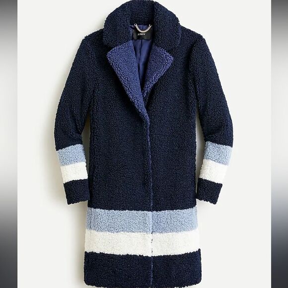 J. CREW Ariana Colorblock Sherpa Teddy Coat striped navy snap button XL AQ410 - Picture 3 of 11